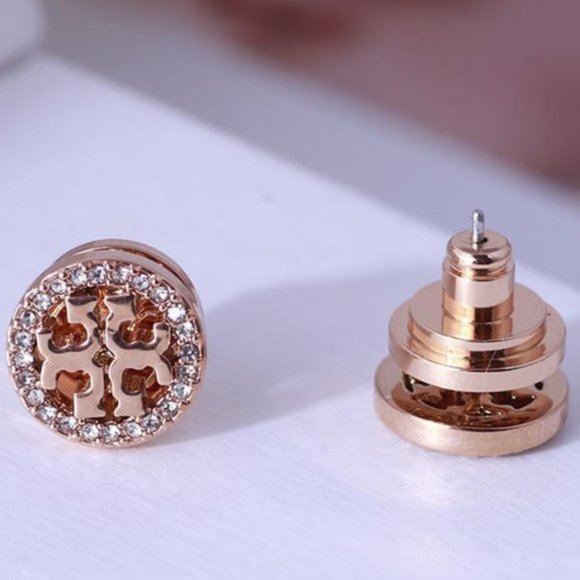 Tory Burch Rose Gold Circle Crystal Stud Earrings - Picture 2 of 2